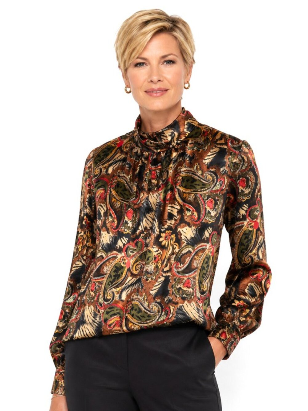 Vintage Marlis Multicolor Satin Cowl Neck Long Sleeve Blouse